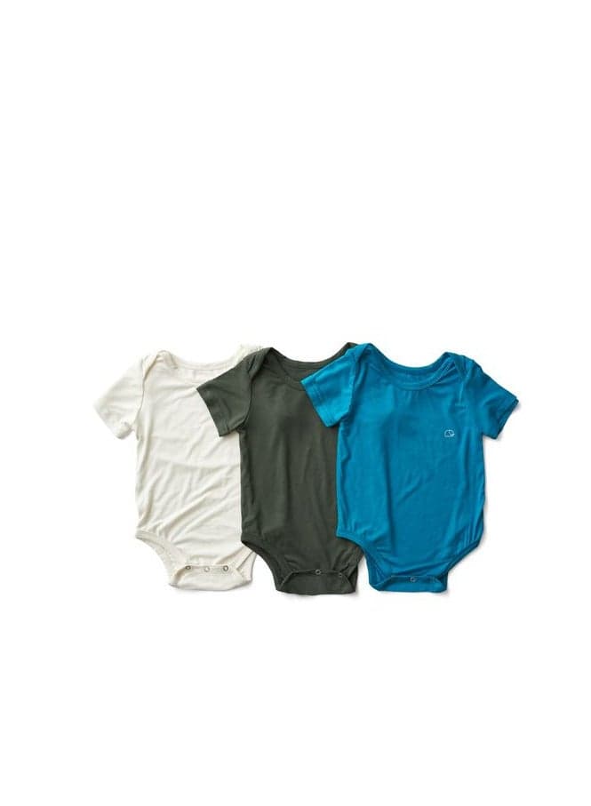 3-Pack Organic Bamboo Spandex Bodysuits 0-3m Blue White Dark Green - Image 1