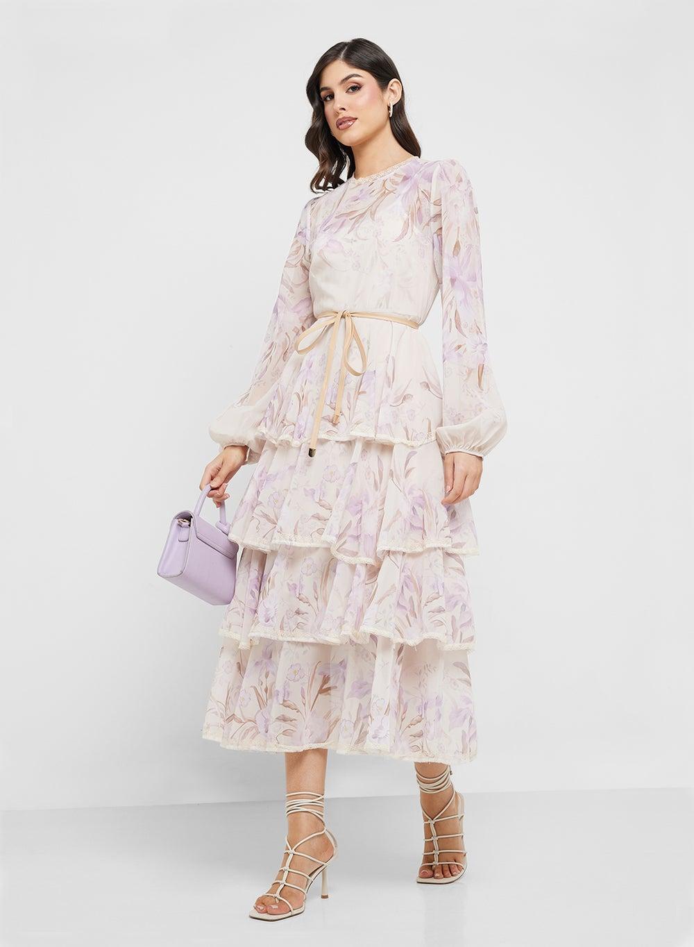 Floral Chiffon Midi Dress 2211 with Ruffled Tiers - Image 1