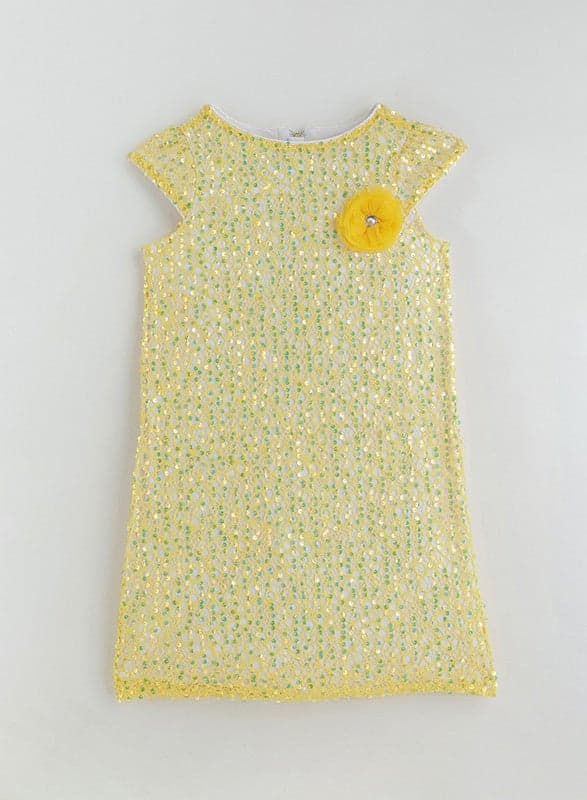 Yellow Sequin Embbellished Flower Appliqué Dress - Image 1
