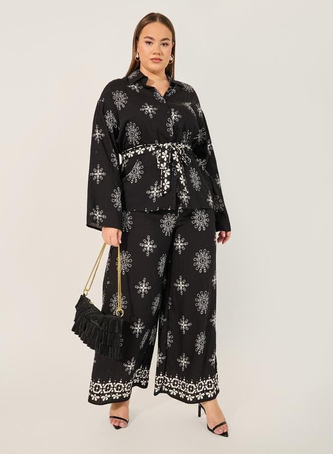 Black Printed Oversized Shirt & Wide Leg Set 7012066501 - Image 1