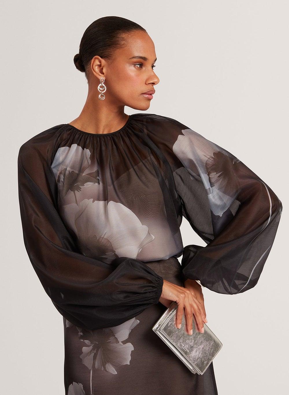 Black Organza Puff Sleeve Floral Blouse S281763 - Image 1