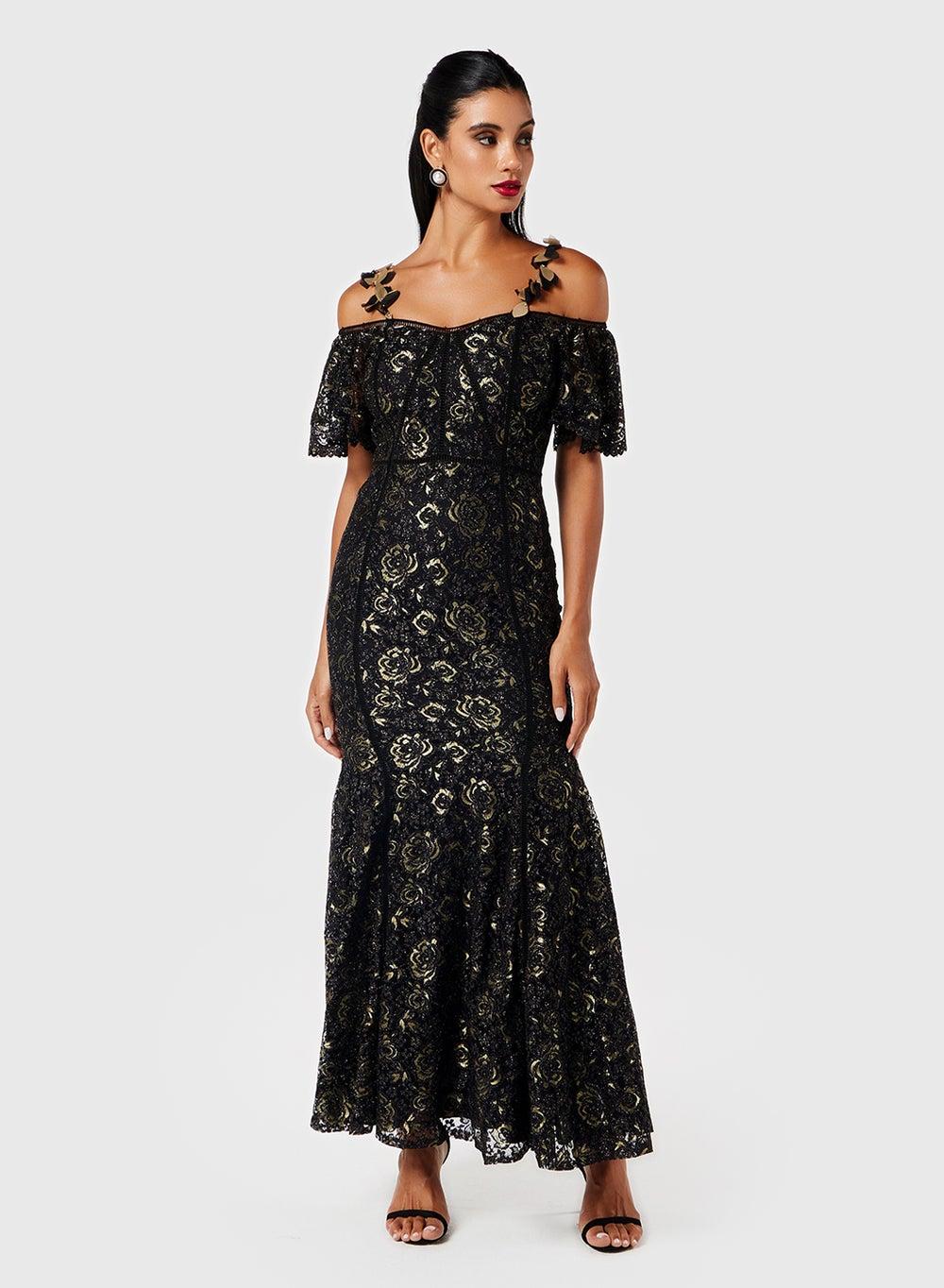 Floral Lace Maxi Dress 25163 Black Gold Elegance - Image 1