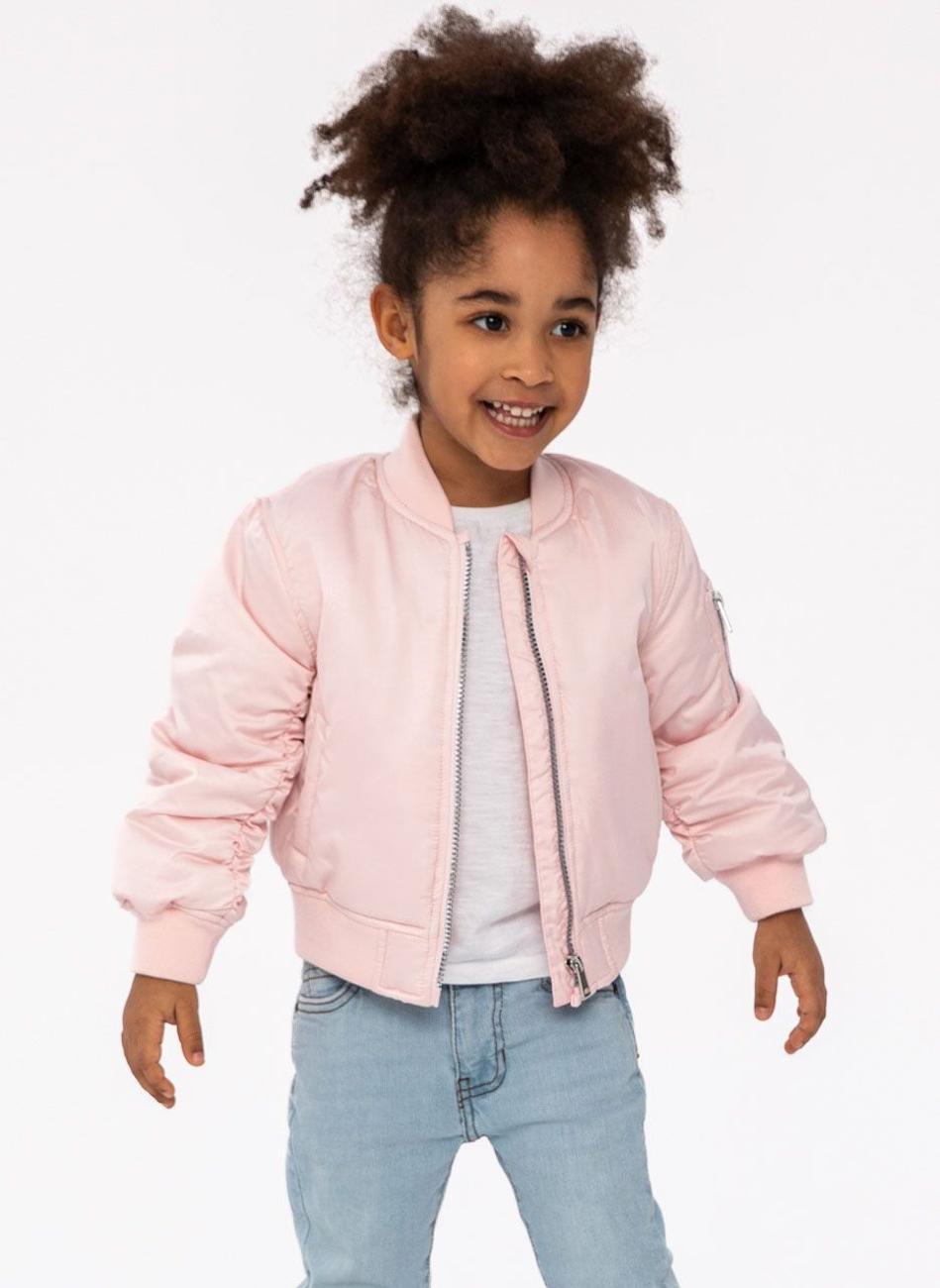 Girls Pink Satin Bomber Jacket with Zip Pockets - Image 1