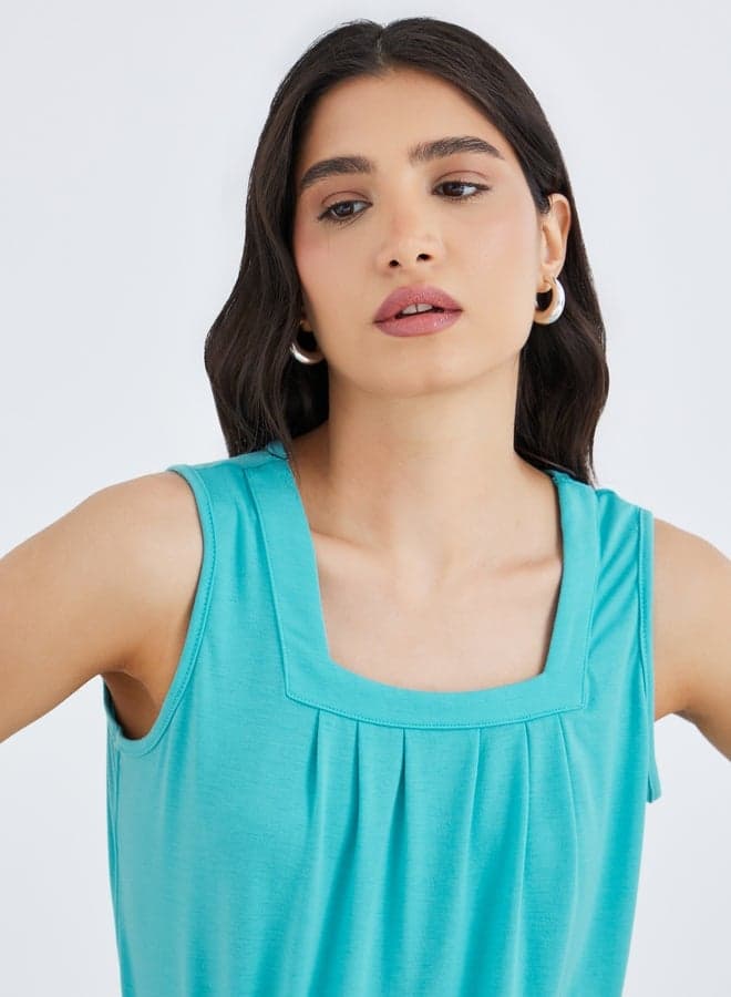 Solid Square Neck Sleeveless Top – Classic Green Fit - Image 1