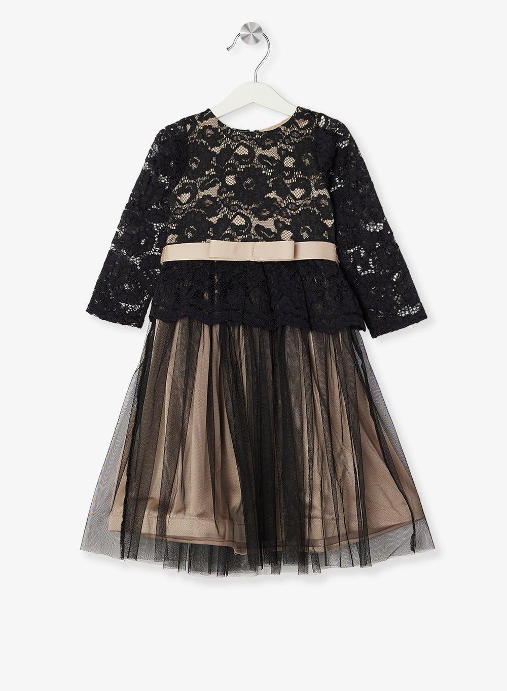 Little Overlay Dress – Girls Black Floral Midi - Image 1