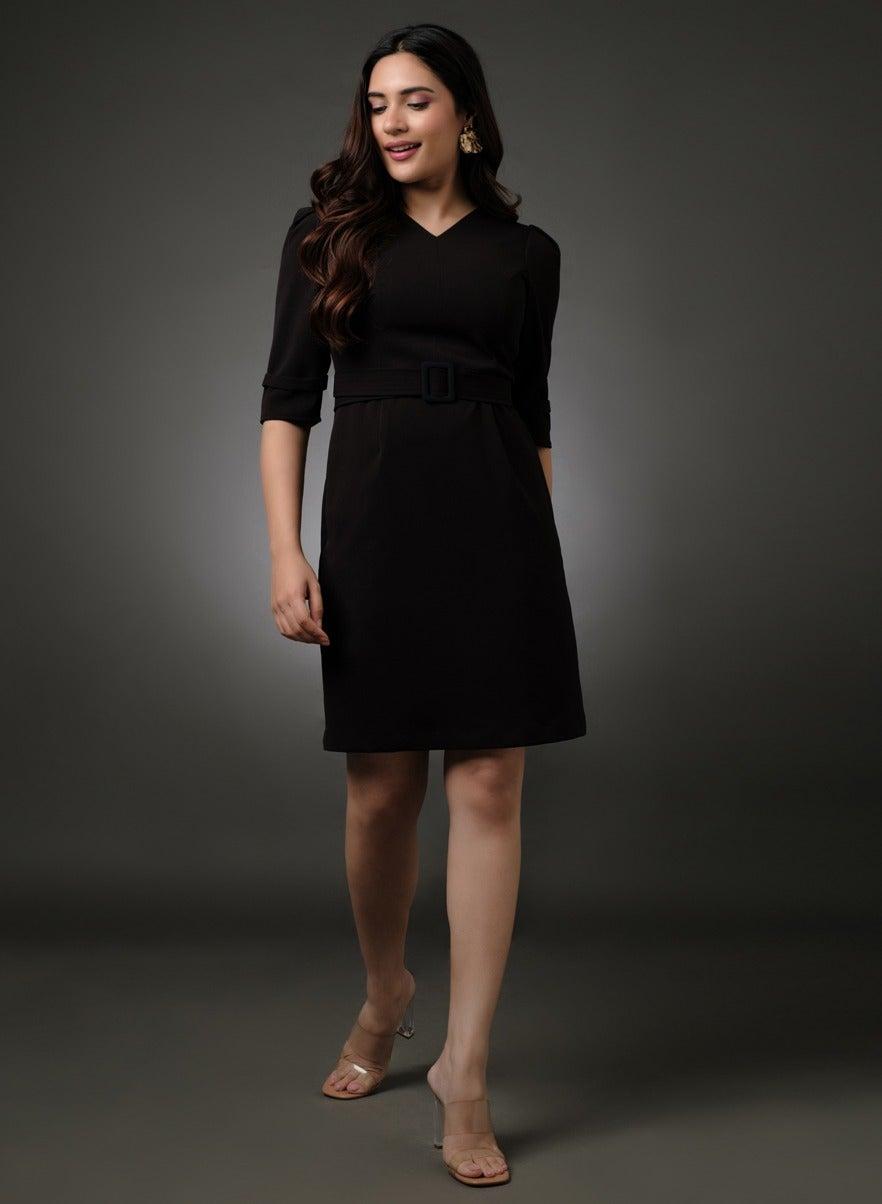 Belted Black Sheath Midi Dress with V-Neck - Image 1