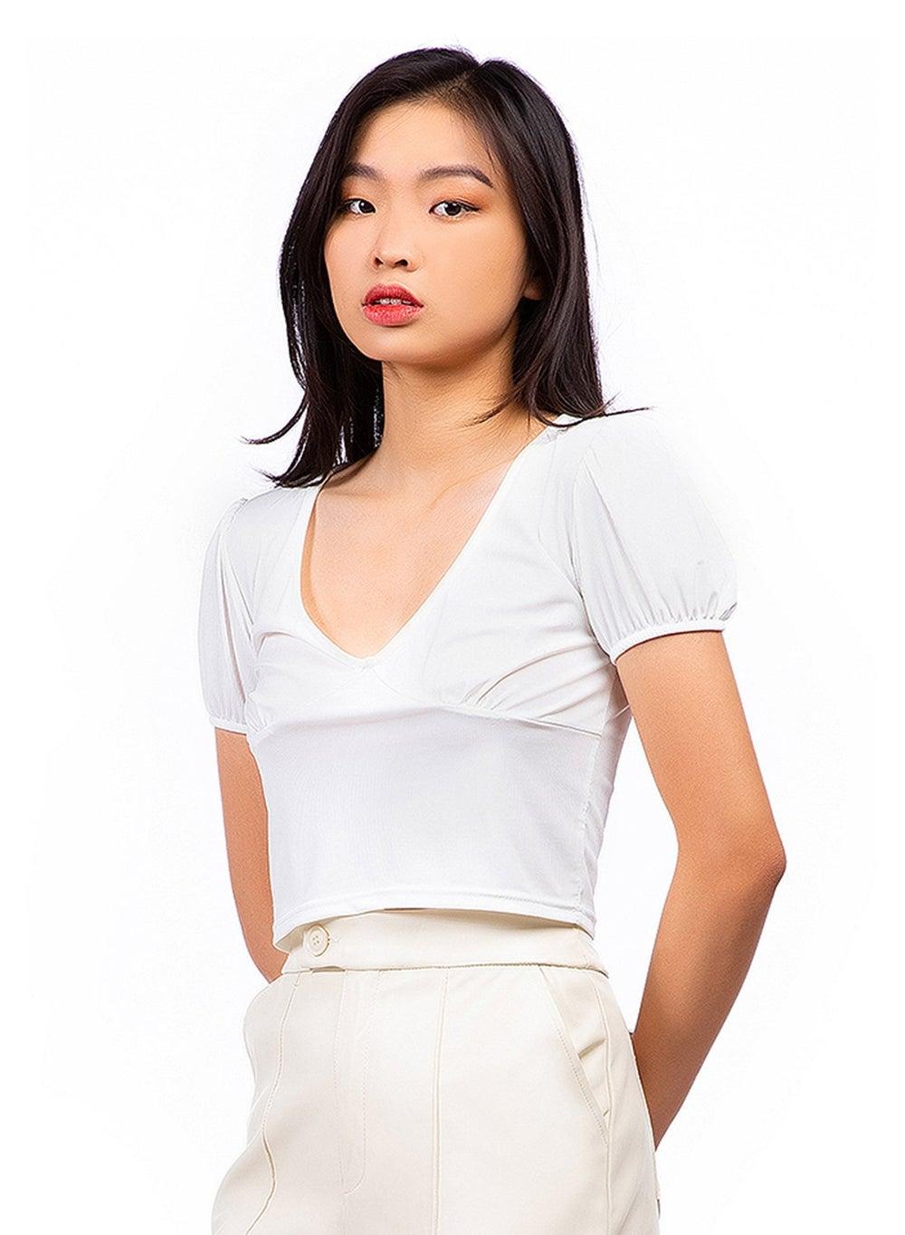 White Pleated V-Neck Knit Top CL8311 - Image 1
