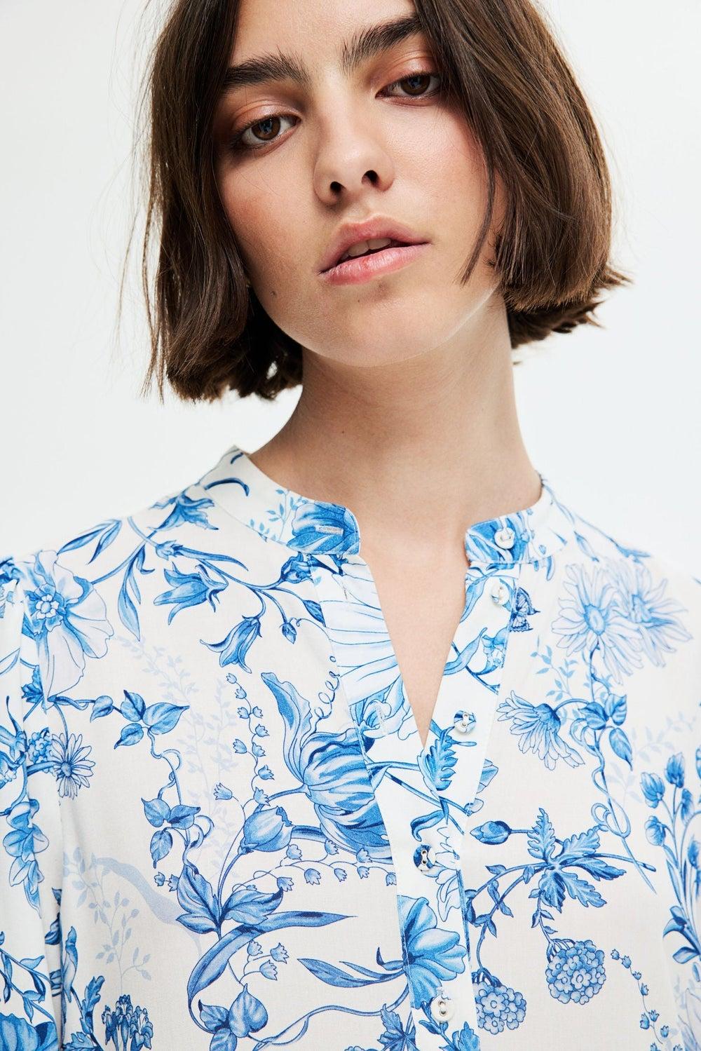 Blue Floral Viscose Shirt Dress with Balloon Sleeves - Image 1