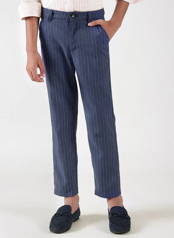 One Friday Boys Blue Striped Cotton Trousers - Image 1