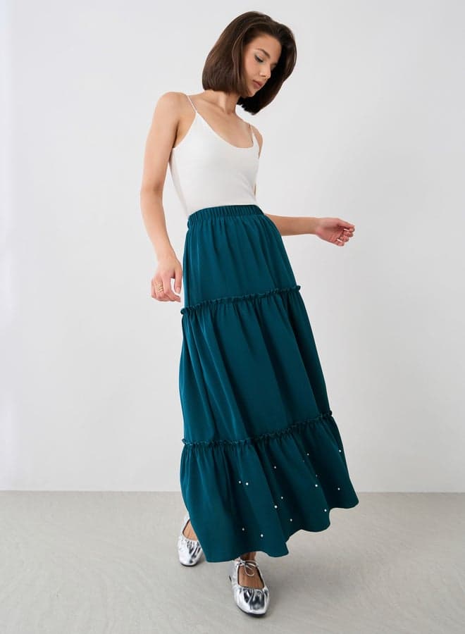 Faux Pearl Hem A-Line Maxi Skirt 7013202403 Blue - Image 1