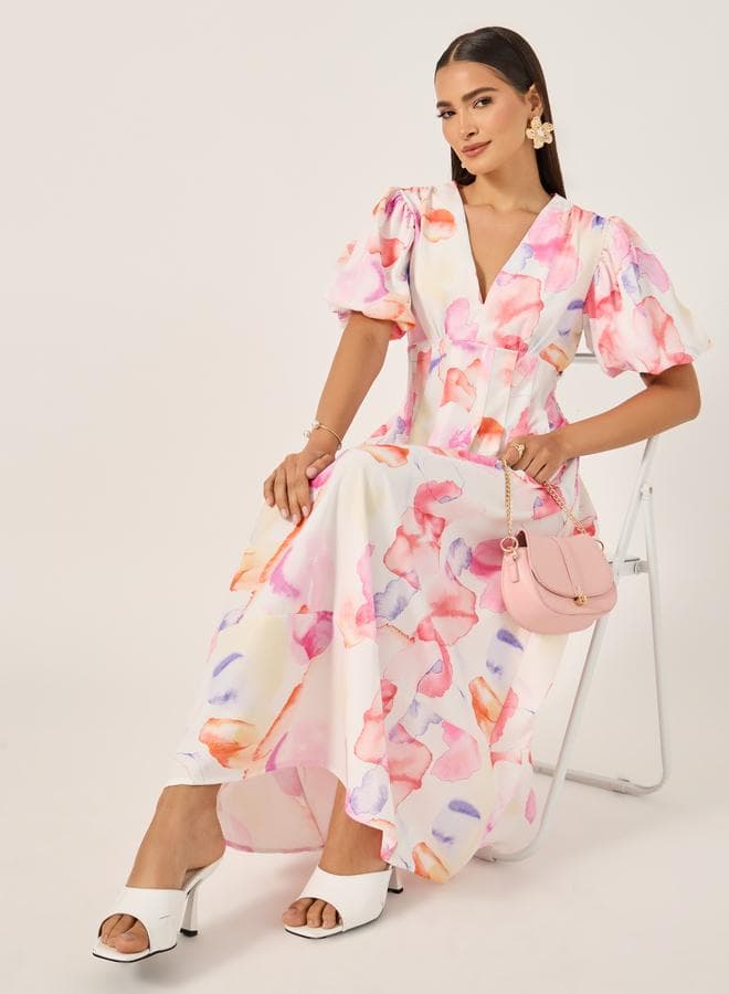 Styli Floral Print Balloon Sleeve A-Line Maxi Dress - Image 1