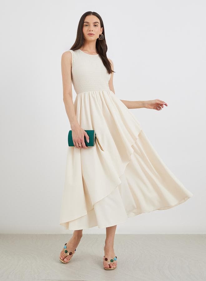 Cream Textured Irregular Hem Sleeveless Midi Dress - Image 1