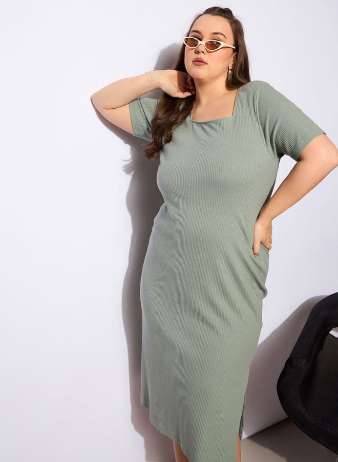 Sage Ribbed Knit Midi Dress 7016402113 - Image 1