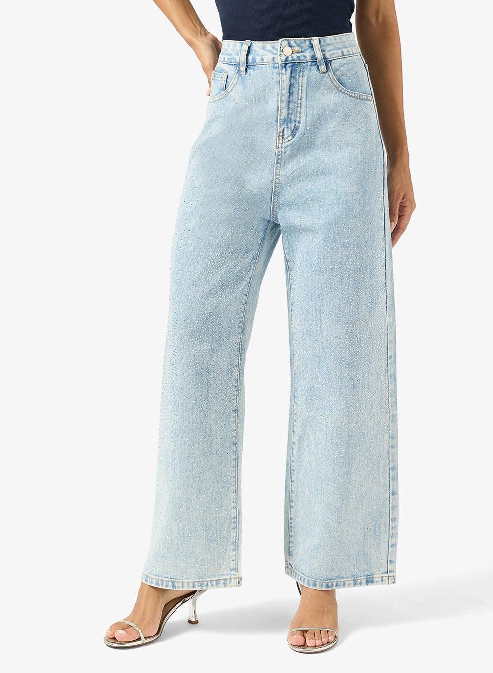 Rhinestone Straight Fit Jeans Dfgr10 Blue Light Wash - Image 1