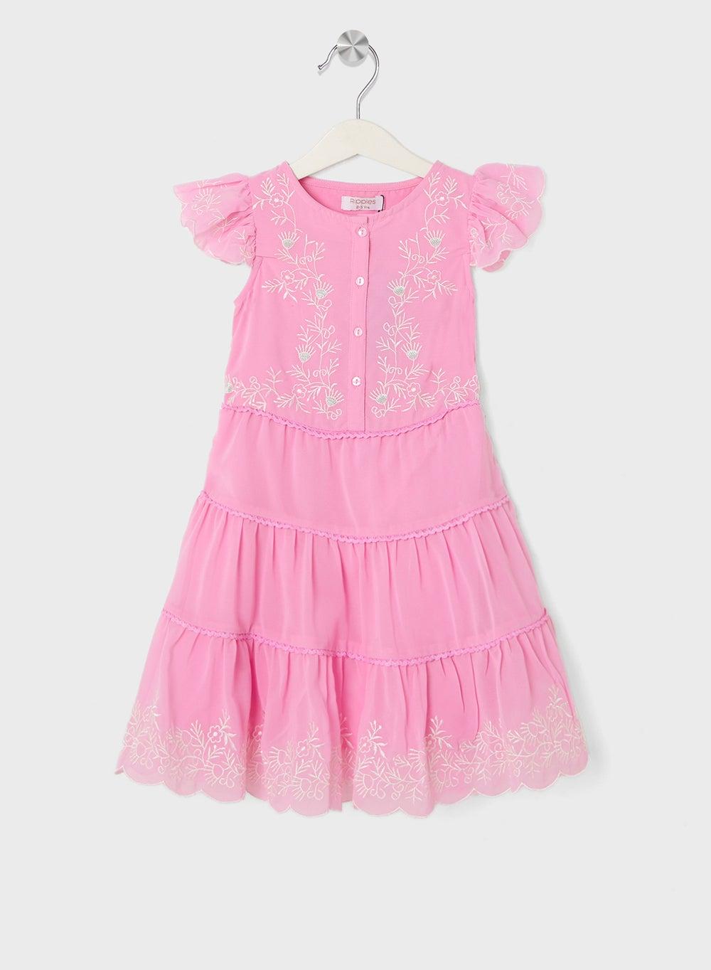 Hot Pink Tiered Embroidered Maxi Dress - Image 1