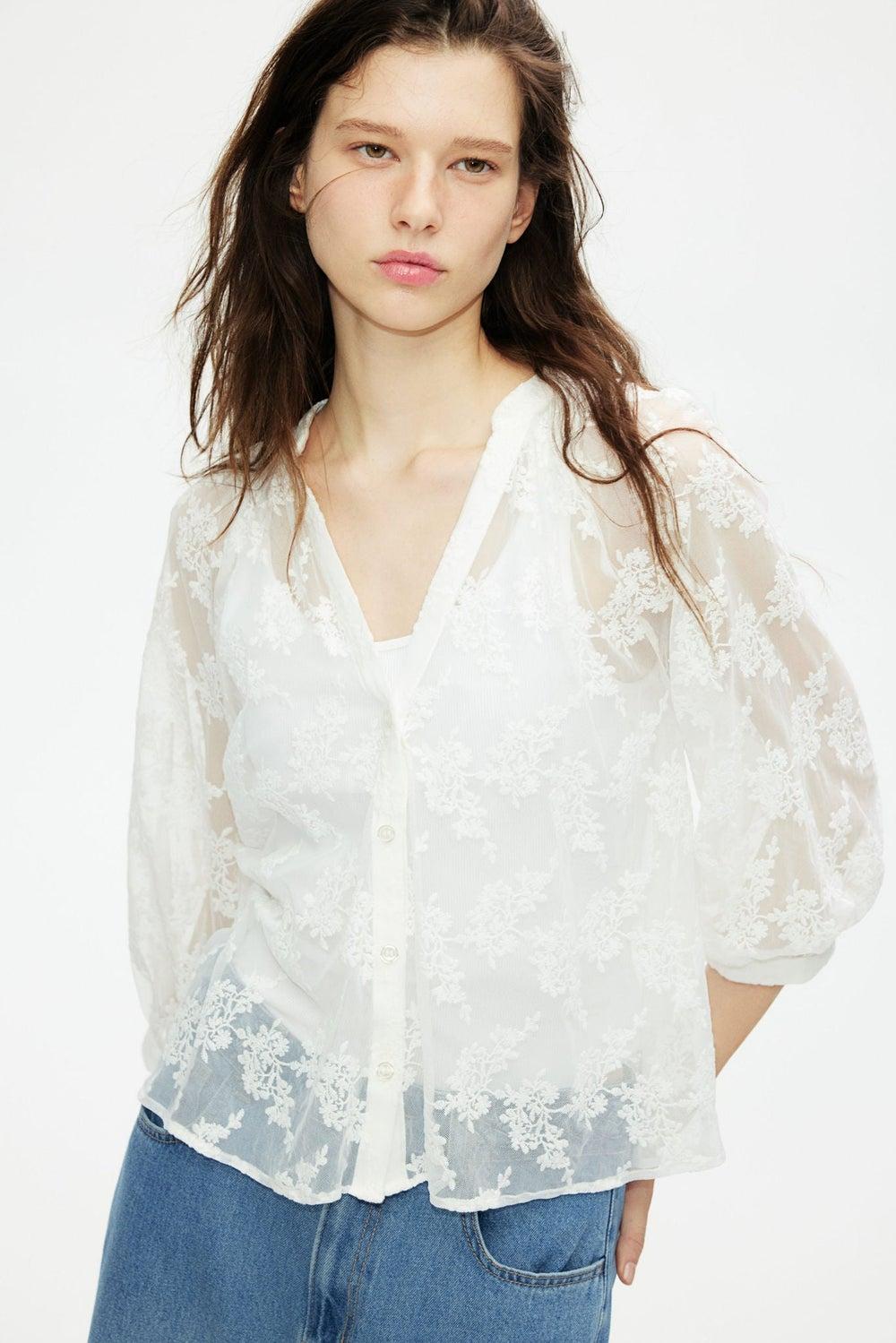 White Floral Lace V-Neck Balloon Sleeve Blouse - Image 1