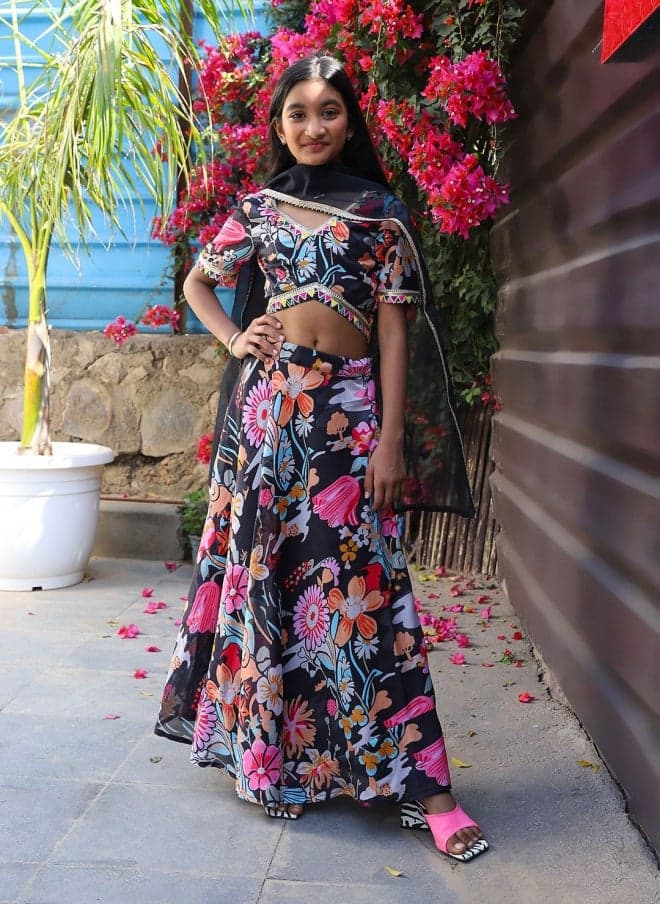Floral Printed Poly Silk Lehenga Choli Set for Girls - Image 1