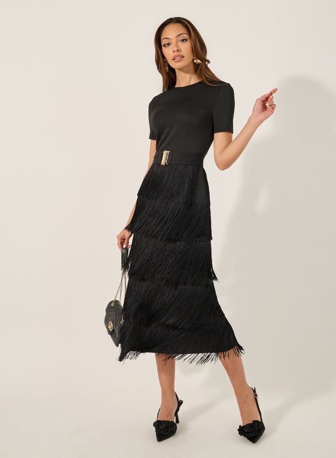 Styli Fringe Hem Sheath Midi Dress 7012180401 Black - Image 1