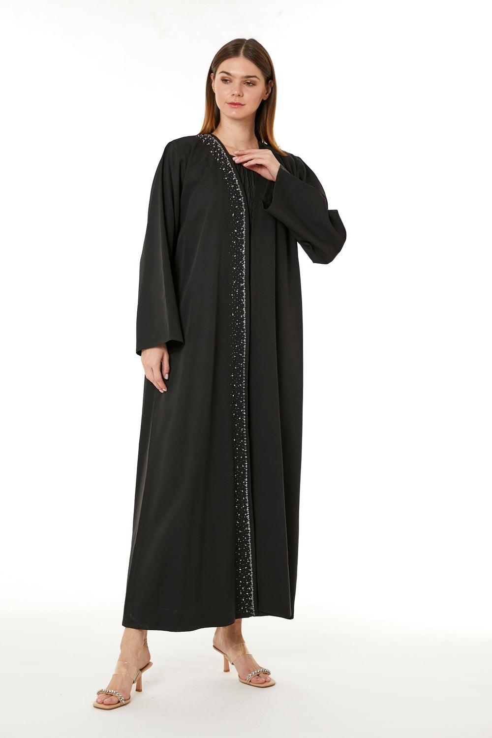 Black Embellished Flared Sleeve V-Neck Abaya - Image 1