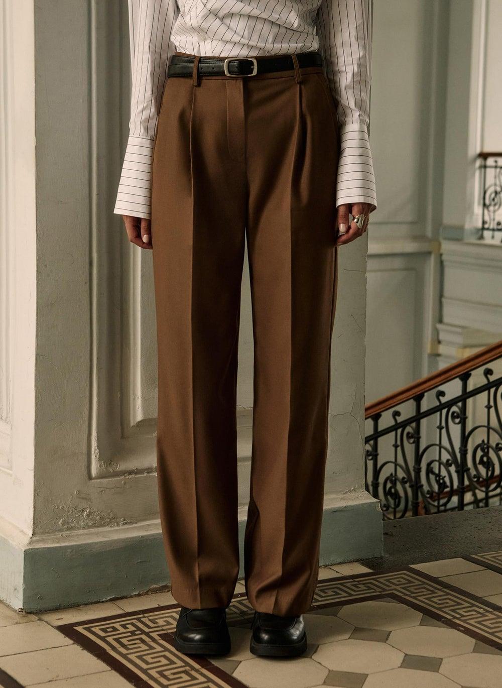 High-Waist Straight Suit Trousers with Eco-Leather Belt - Image 1