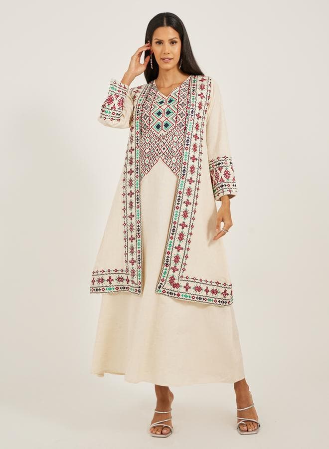 Embroidered Beige V-Neck A-Line Kaftan 7011523702 - Image 1