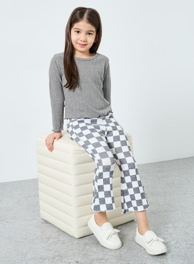 Girls Textured Tee & Checked Flared Pants Set - Image 1