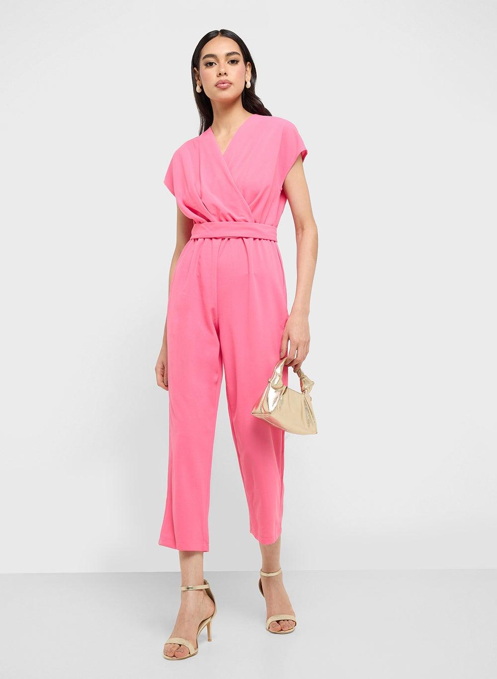 Pink V-Neck Wrap Detail Casual Jumpsuit 250313 29 - Image 1