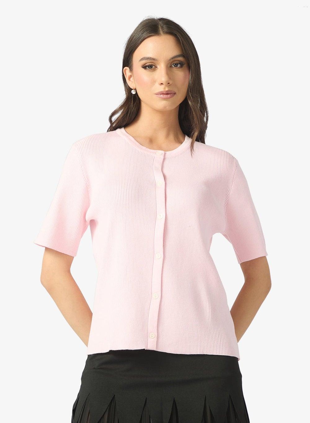 Pink Melange Crew Neck Cardigan Clt255166 - Image 1