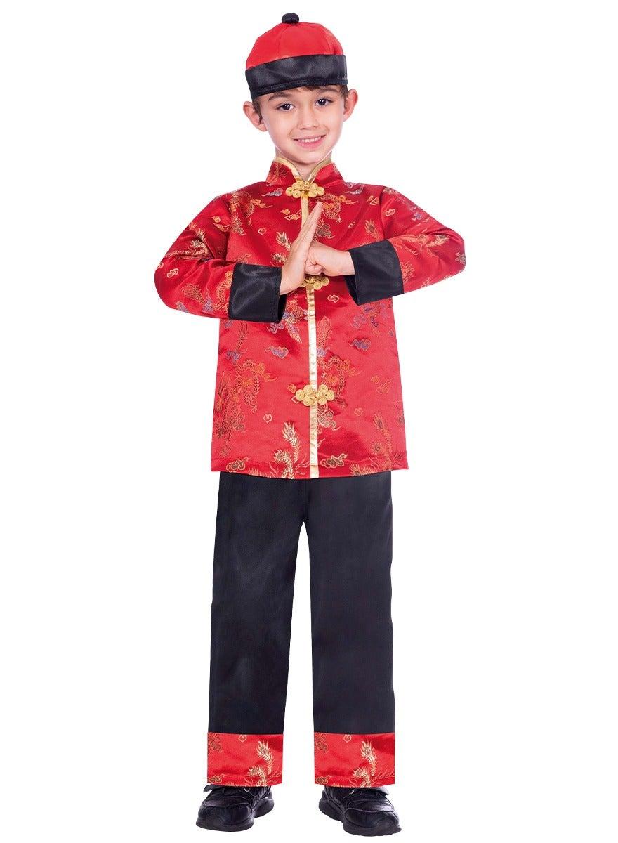 Traditional Chinese Boy Costume for Kids – Red Gold - Image 1