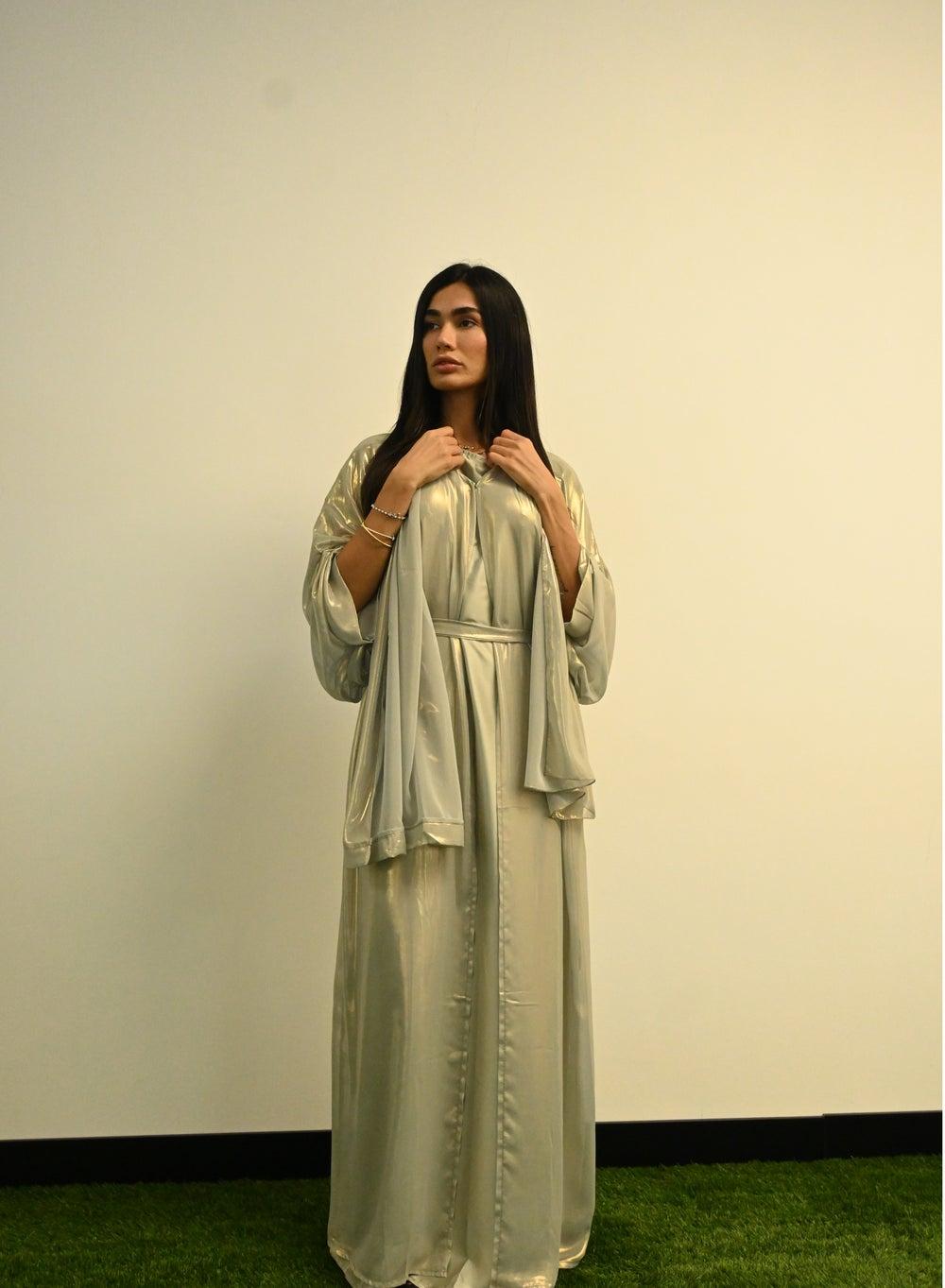Grey Shimmer Kaftan Open Abaya 3-Piece Set - Image 1
