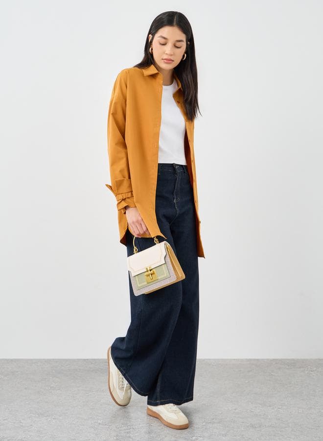 Mustard Tie-Cuff Longline Shirt for Women - Image 1