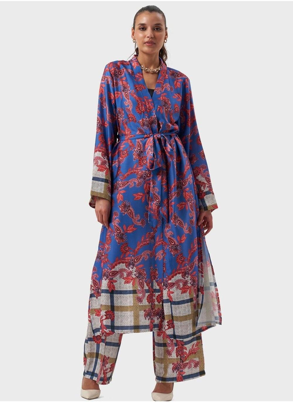 Blue Paisley Wrap Maxi Dress with Plaid Hem - Image 1