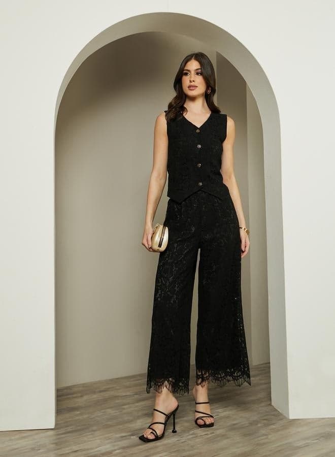 Floral Lace Wide-Leg Pants with Scalloped Hem - Image 1