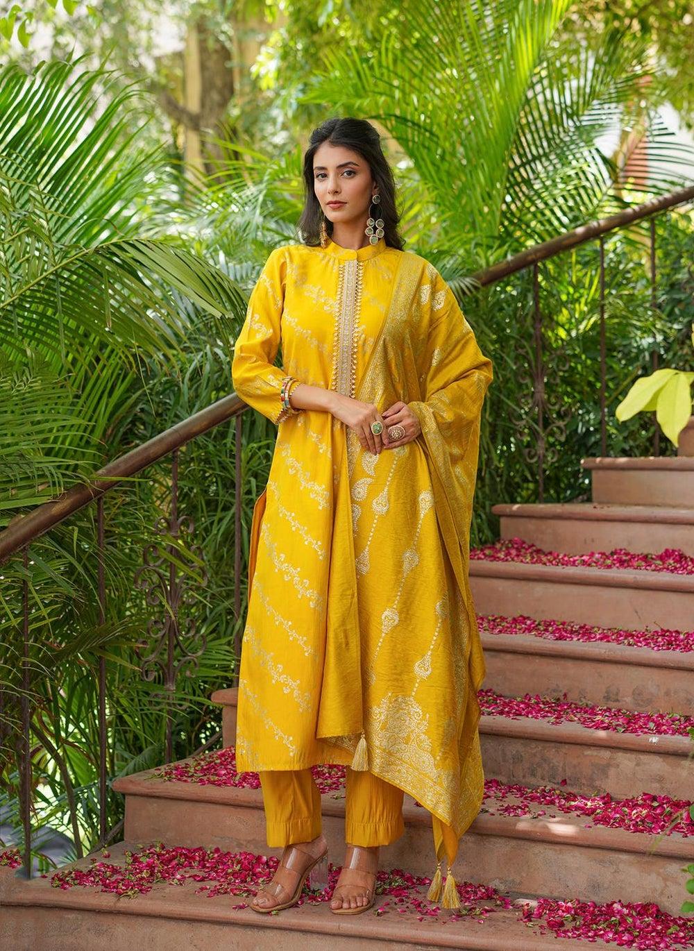 Yellow Floral Silk Blend 3-Piece Kurta Set - Image 1