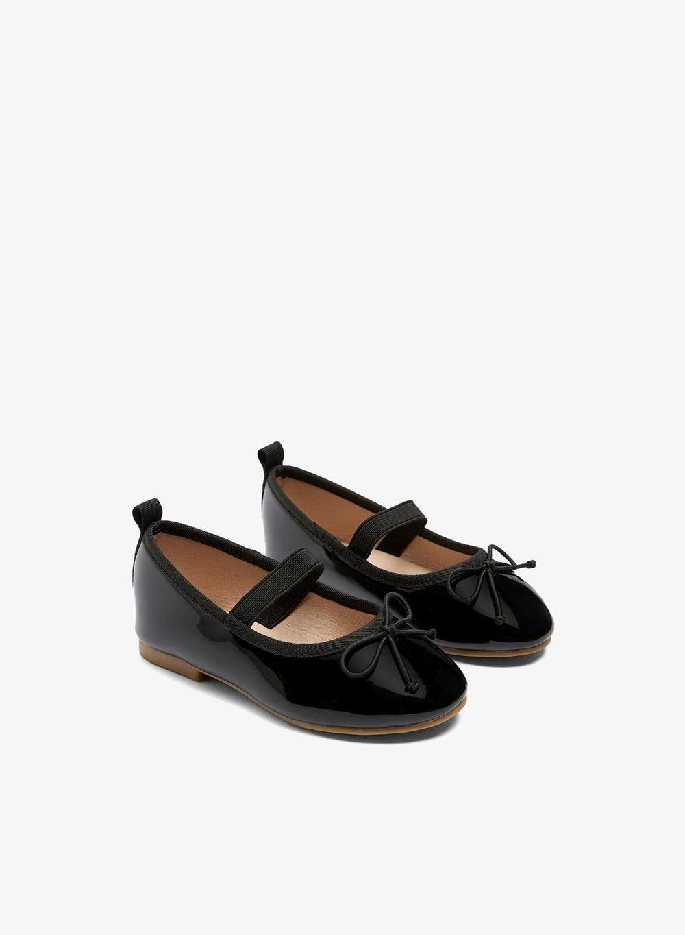Girls Black Bow Ballet Pumps Classic Leather - Image 1