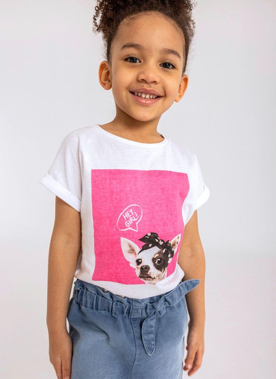 Girls White Printed T-Shirt with Rolled Sleeves - Image 1