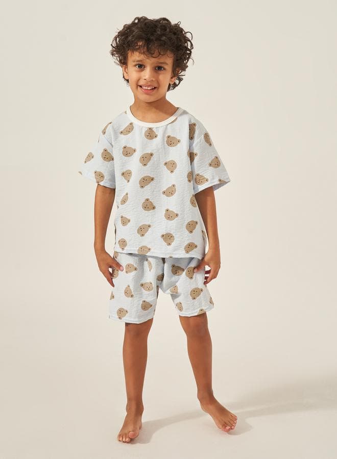Teddy Print Cotton Boys Nightwear Short Set - Image 1