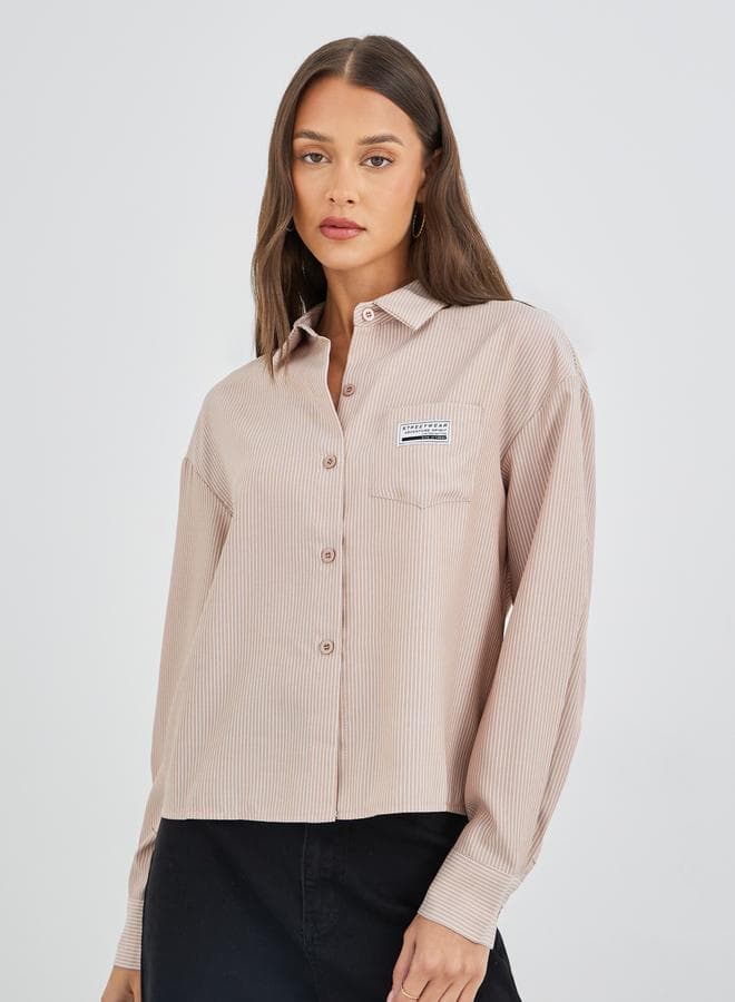 Styli Striped Cropped Shirt with Badge Pocket Detail - Image 1