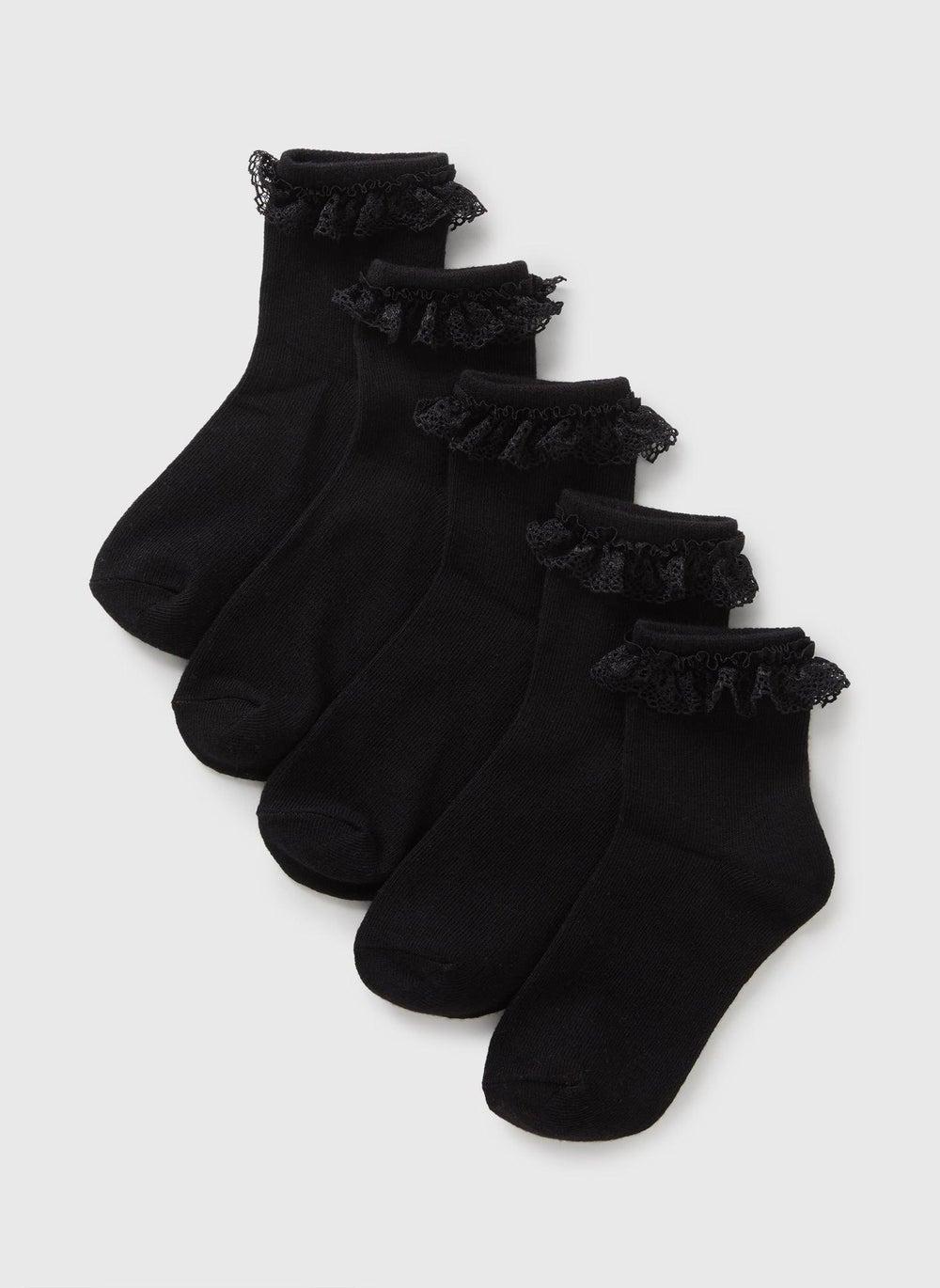 5 Pack Girls Black Frill Lace Socks - Image 1