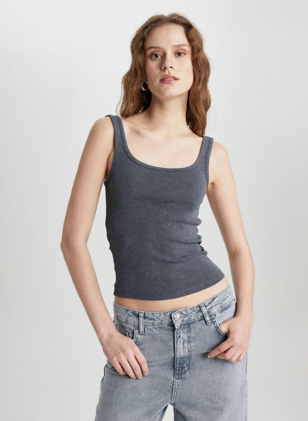 Slim Fit Ribana Scoop Neck Cotton Blend Tank - Image 1