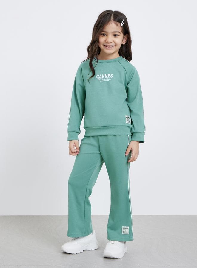 Girls Green Printed Sweatshirt and Pants Set - Image 1