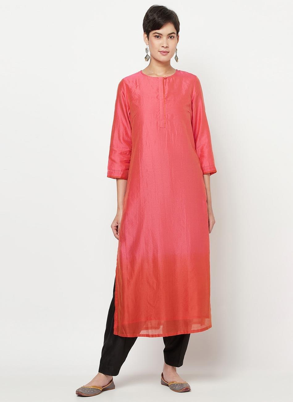 Pink Cotton Silk Round Neck Long Kurti - Image 1