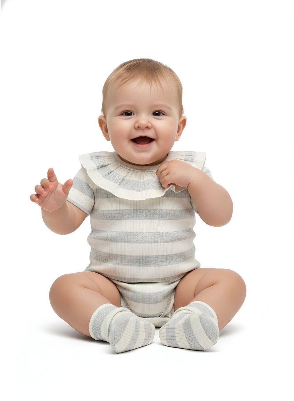 Bambimici Striple Print Cream Grey Baby Bodysuit - Image 1