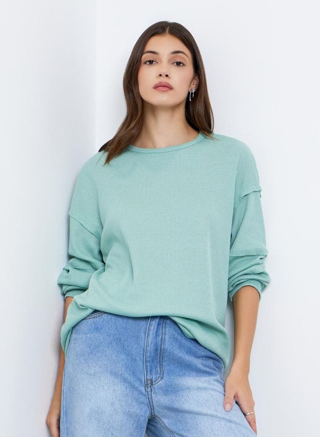 Take Two Women Mint Green Waffle Knit Sweatshirt - Image 1