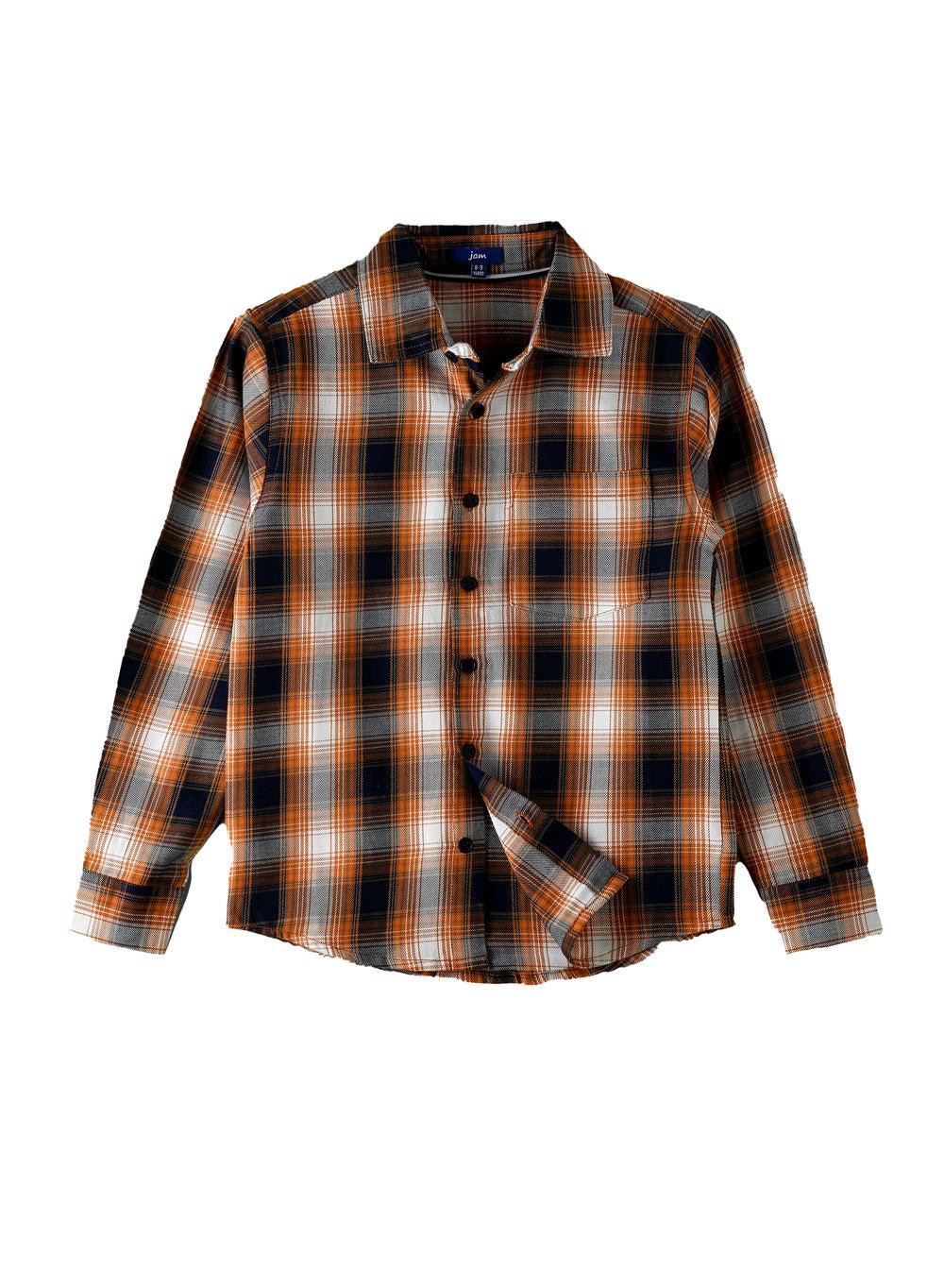 Boys' Orange and Black Plaid Cotton Shirt - Image 1