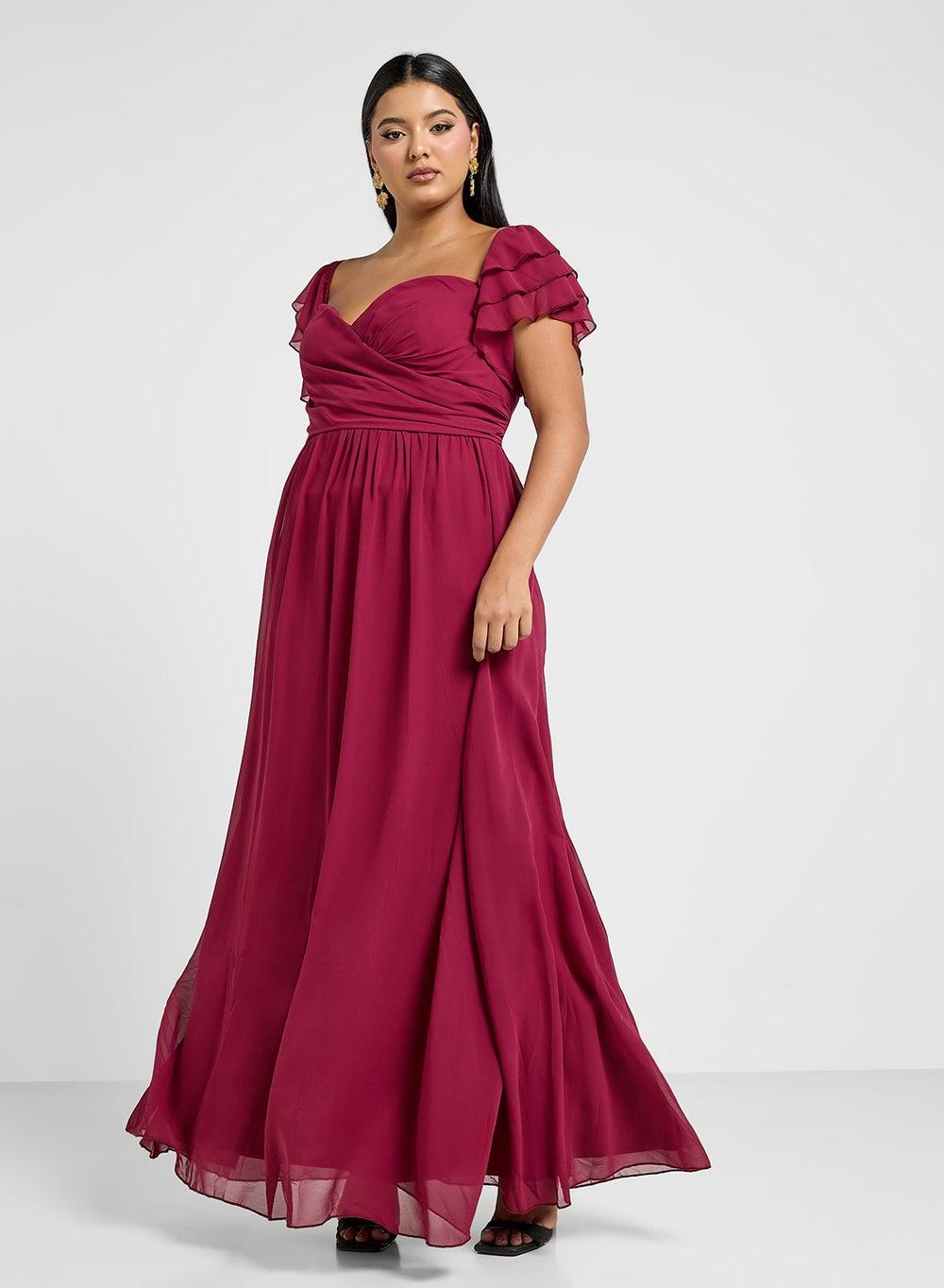 Wine Ruffled Sleeve Sweetheart Maxi Dress - Image 1