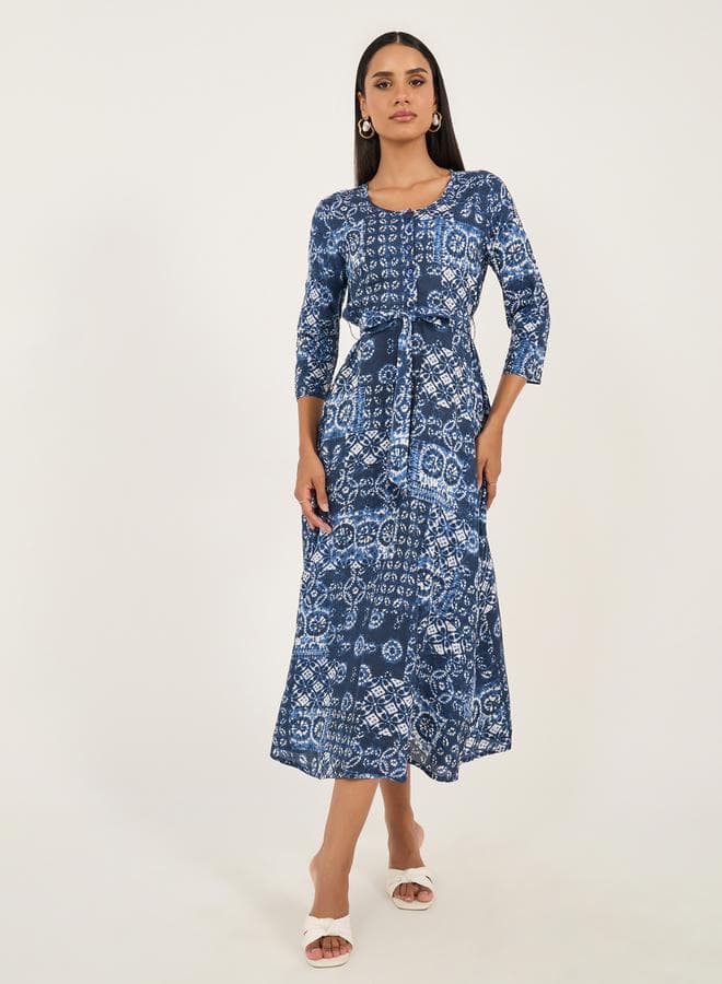 Abstract Blue Printed Midi Dress with Tie Waist - Image 1