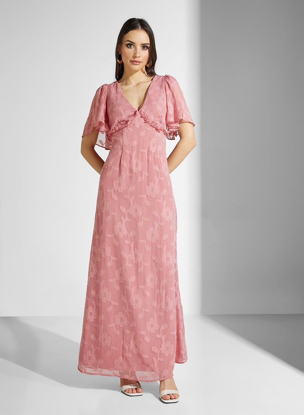 Blush Floral Chiffon Maxi Dress with Ruffle Neckline - Image 1