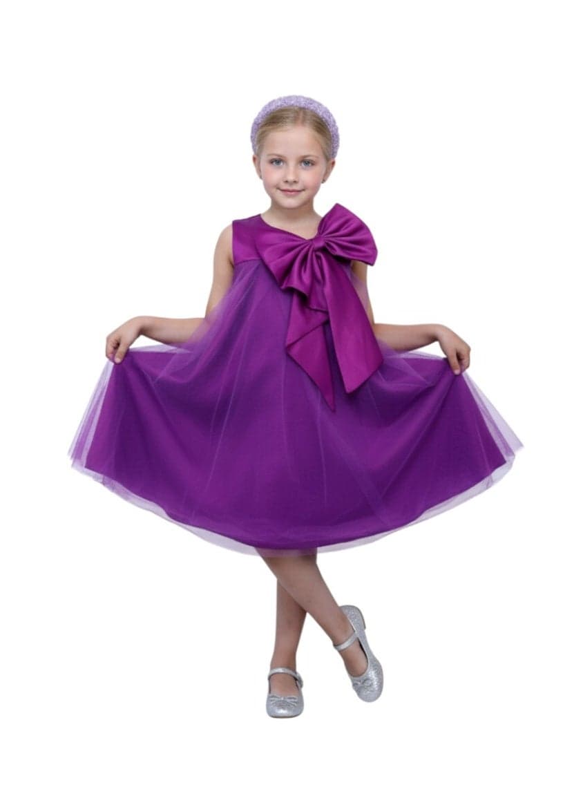 Girls Purple Bow Accent Party Dress - Image 1