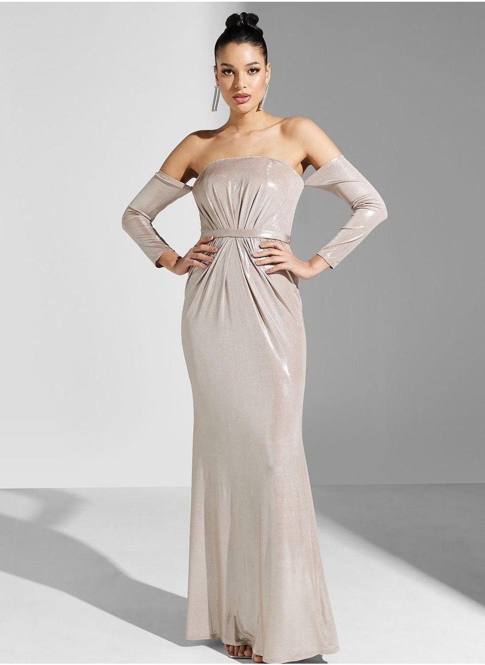 Champagne Off-Shoulder Evening Gown with Draped Waist - Image 1